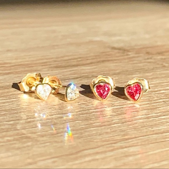 14k Gold Red Sapphire Heart Earrings - Picture 2 of 5